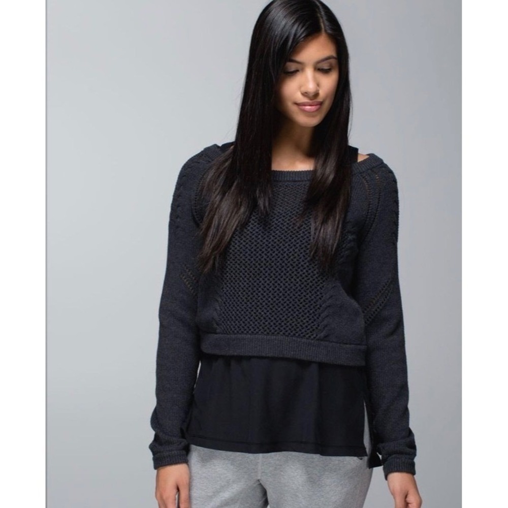 Lululemon Zen Garden Sweater Black Charcoal Pointelle Cable Knit Cropped Size 8